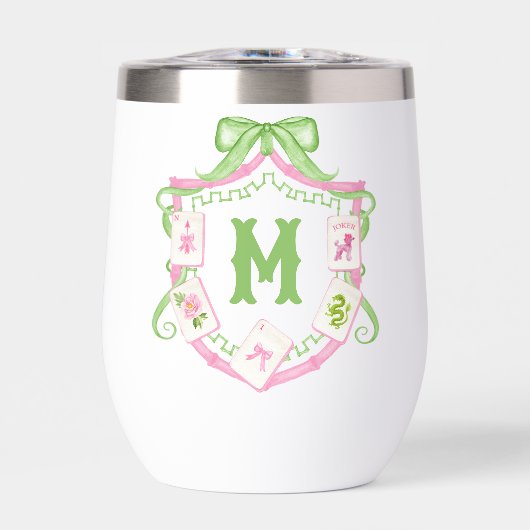 Watercolor Pink & Green Bow Mahjong Monogram Crest (Vorderseite)