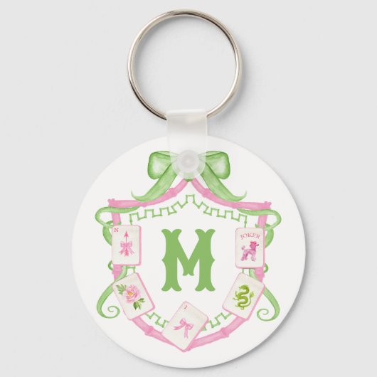 Watercolor Pink & Green Bow Mahjong Monogram Crest Schlüsselanhänger (Vorderseite)