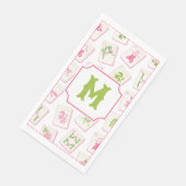 Watercolor Pink & Green Bow Mahjong Tiles Monogram Serviette (Ecke)