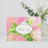 Watercolor Pink Hydrangea Garden Wedding Monogram Dankeskarte (Stehend Vorderseite)
