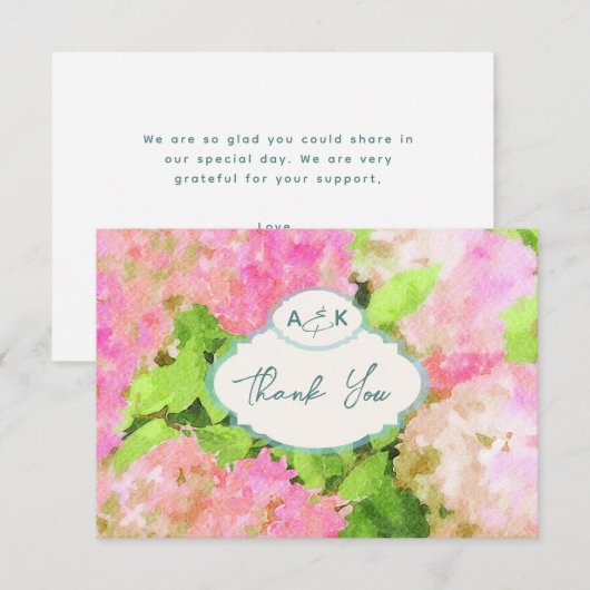Watercolor Pink Hydrangea Garden Wedding Monogram Dankeskarte (Vorne/Hinten)