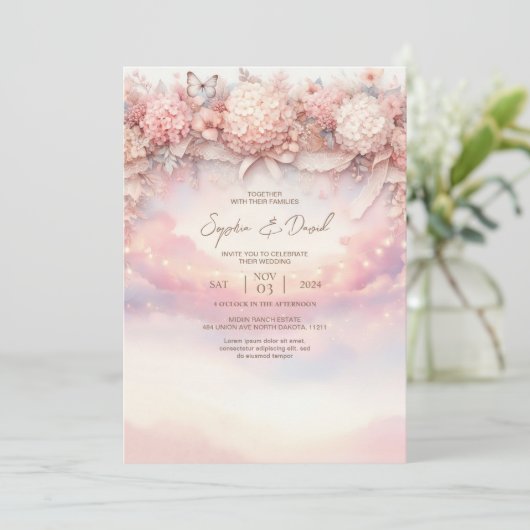 Watercolor Pink Hydrangea Hochzeit Einladung (Stehend Vorderseite)