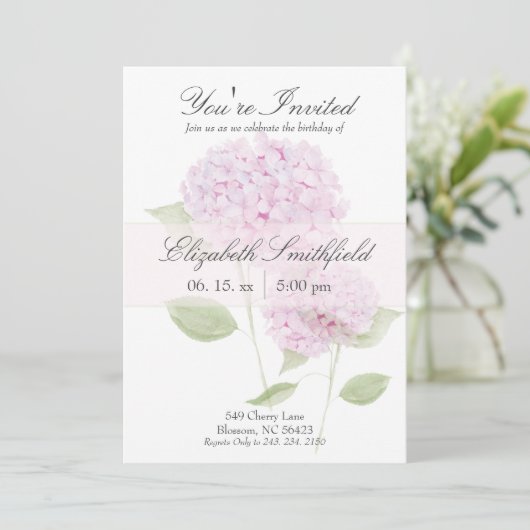 Watercolor Pink Hydrangea Invitation Einladung (Stehend Vorderseite)