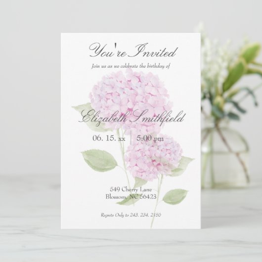 Watercolor Pink Hydrangea Invitation Einladung (Stehend Vorderseite)