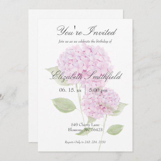Watercolor Pink Hydrangea Invitation Einladung (Vorne/Hinten)