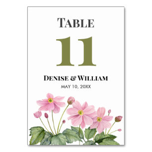 Watercolor Pink Japanisch-Anemone-Hochzeit Tischnummer