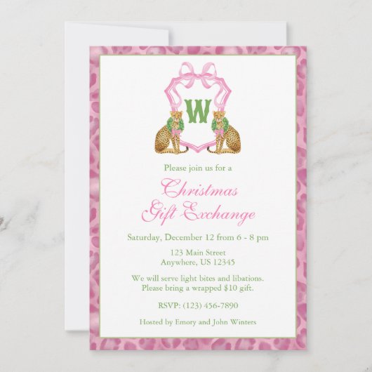 Watercolor Pink Leopard Monogram Crest Party Einladung (Vorderseite)