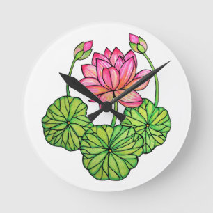 Watercolor Pink Lotus with Buds & Leaves Runde Wanduhr