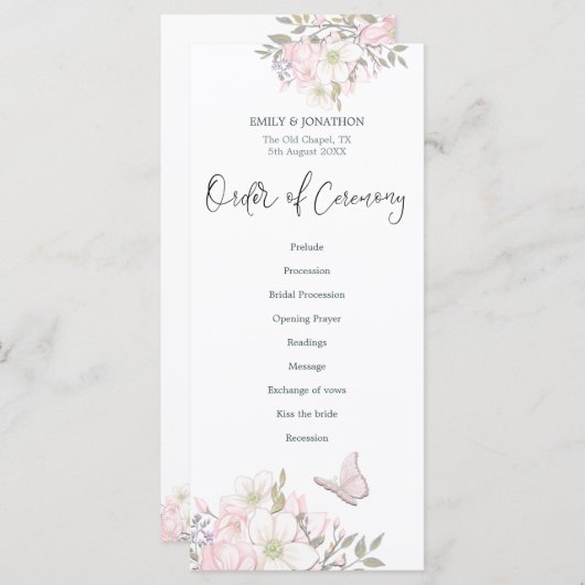 Watercolor Pink Magnolias Butterfly Script Hochzei Programm (Vorne/Hinten)