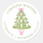 Watercolor Pink Mahjong Weihnachtsbaum Adresse Runder Aufkleber (Vorderseite)