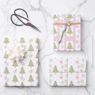 Watercolor Pink Mahjong Weihnachtsbaum Geschenkpapier Set