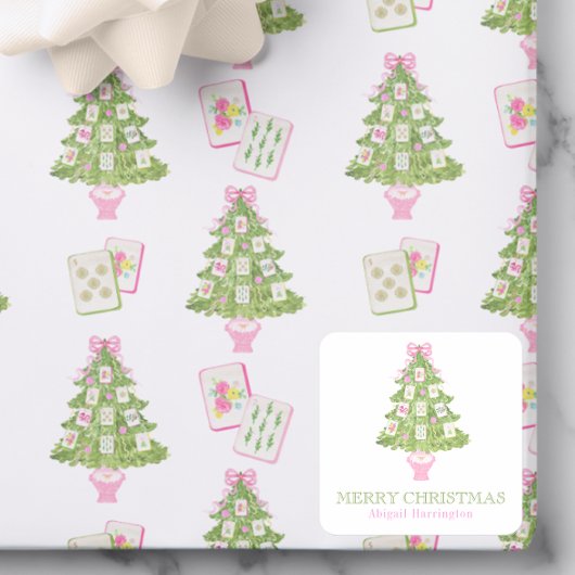 Watercolor Pink Mahjong Weihnachtsbaum Quadratischer Aufkleber