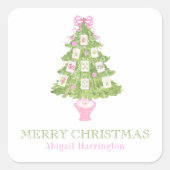 Watercolor Pink Mahjong Weihnachtsbaum Quadratischer Aufkleber (Vorderseite)