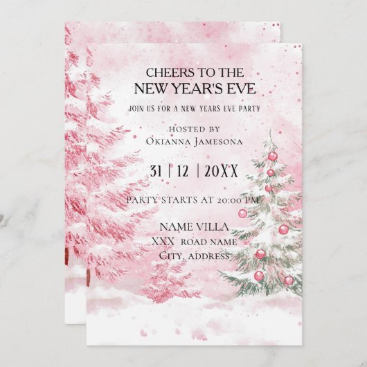 Watercolor Pink New Year's Eve Party Einladung (Vorne/Hinten)