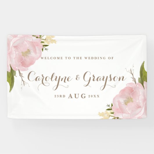 Watercolor Pink Peonies Wedding Banner (Horizontal)