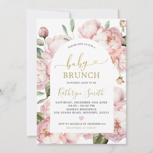 Watercolor Pink Peony Floral Arch Baby Brunch Einladung (Vorderseite)