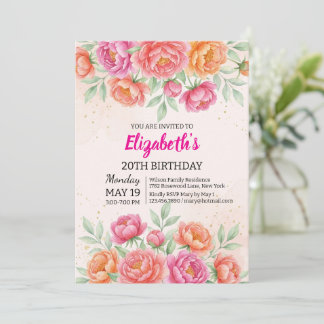 Watercolor Pink Peony Floral Birthday Einladung
