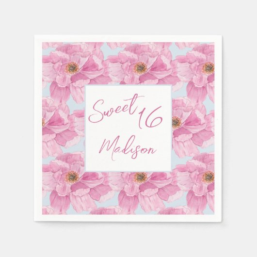 Watercolor Pink Peony Sweet 16 Party Serviette (Vorderseite)