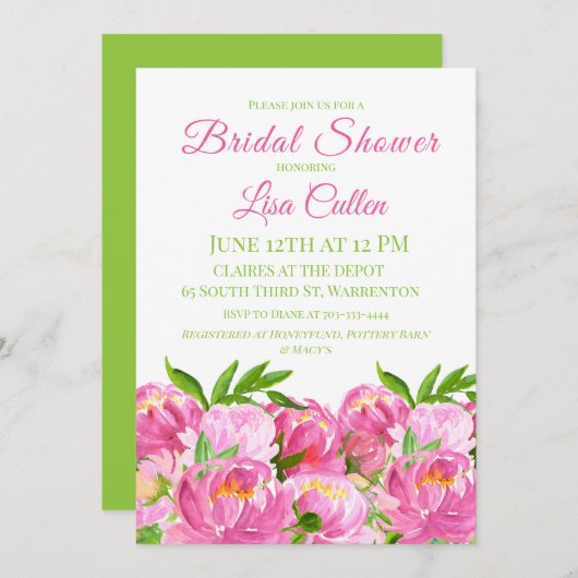 Watercolor Pink Peonys Brautparty Script Einladung (Vorne/Hinten)