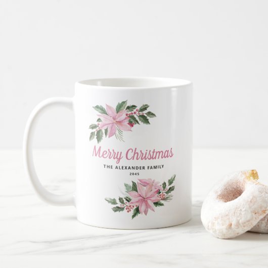 Watercolor Pink Poinsettia and Berries Christmas Kaffeetasse (Mit Donut)