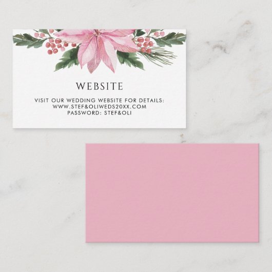 Watercolor Pink Poinsettia Winter Wedding Website Begleitkarte (Vorne/Hinten)