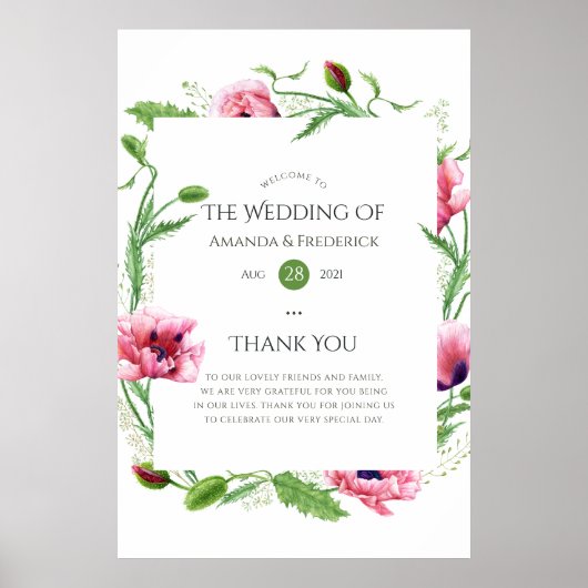 Watercolor Pink Poppies Wedding Willkommen Poster (Vorne)