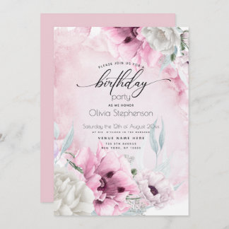 Watercolor Pink Poppy Geburtstagsparty Einladung