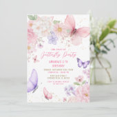 Watercolor Pink Purple Butterflies 5th Birthday Einladung (Stehend Vorderseite)
