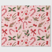 Watercolor Pink & Red Christmas Candy Cane  Geschenkpapier (Flach)