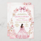 Watercolor Pink Ribbon Bows Quinceañera Invitation Einladung (Vorne/Hinten)