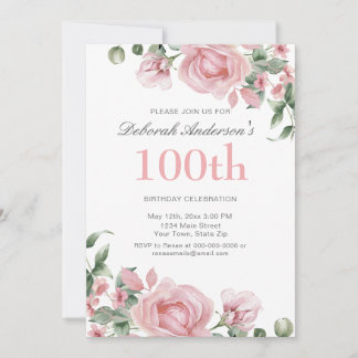 Watercolor PInk Rose 100th Birthday Party Einladung