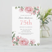 Watercolor PInk Rose 75th Birthday Party Einladung (Stehend Vorderseite)