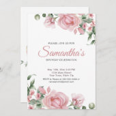 Watercolor PInk Rose Birthday Party Einladung (Vorne/Hinten)