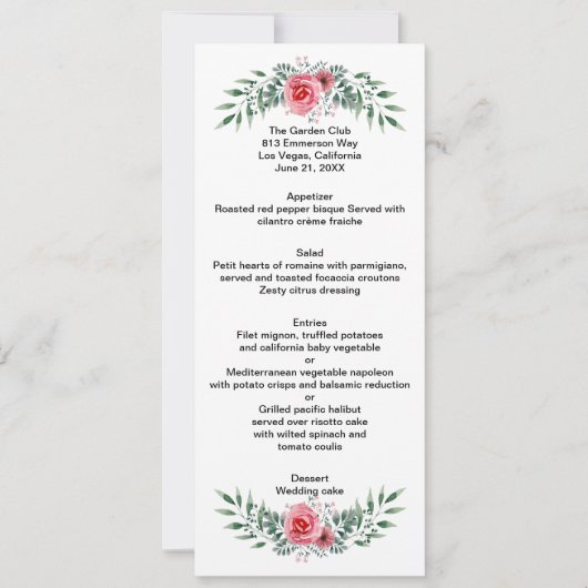 Watercolor Pink Rose Grüne Blätter Hochzeitsmenü (Vorderseite)