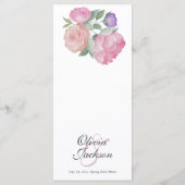 Watercolor Pink Rose & Peonie Wedding Menu Menükarte (Rückseite)