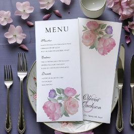  Watercolor Pink Rose & Peonie Wedding Menu Menükarte