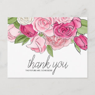 Watercolor Pink Roses Bridal Danke Postcard Postkarte