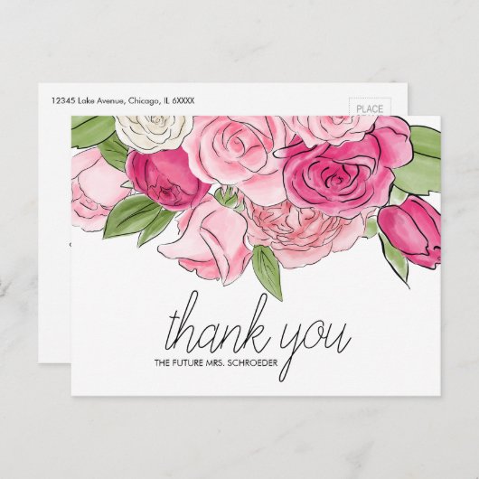 Watercolor Pink Roses Bridal Danke Postcard Postkarte (Vorne/Hinten)