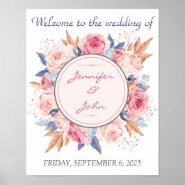 Watercolor Pink Roses Chic Wedding Willkommen Poster