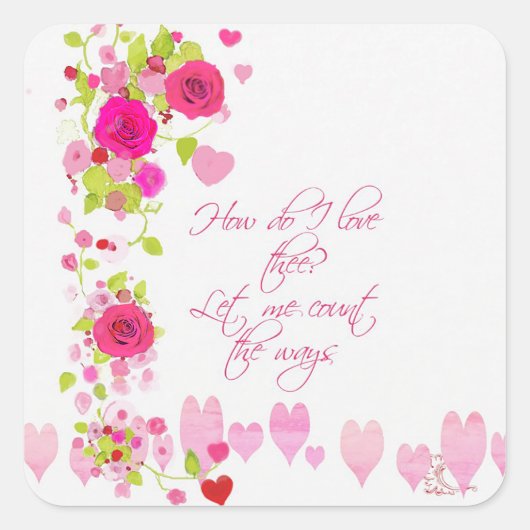 Watercolor Pink Roses Hearts Romantic Lovers Quadratischer Aufkleber (Vorderseite)