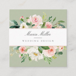 Watercolor Pink Spring Green Floral Wedding Design Quadratische Visitenkarte