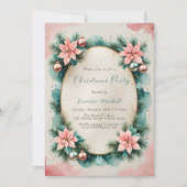 Watercolor Pink Teal Poinsettia Wreath Christmas Einladung (Vorderseite)