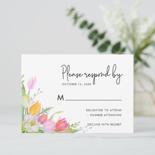 Watercolor Pink Tulip Script Wedding RSVP Card (Stehend Vorderseite)