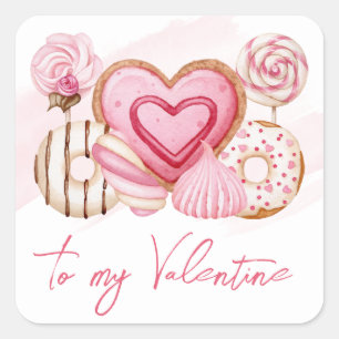 Watercolor Pink Valentine's Cookies und Süßigkeite Quadratischer Aufkleber