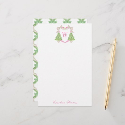 Watercolor Pink Weihnachtsbaum Monogram Wappen Briefpapier (Vorderseite/Rückseite Beispiel)