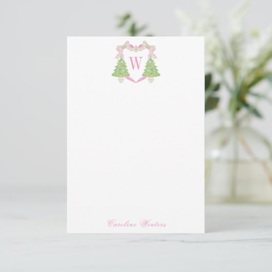 Watercolor Pink Weihnachtsbaum Monogram Wappen Dankeskarte (Stehend Vorderseite)