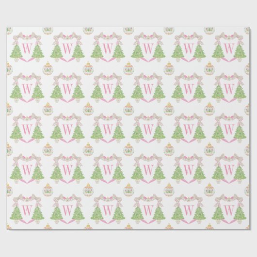 Watercolor Pink Weihnachtsbaum Monogram Wappen Geschenkpapier (Flach)