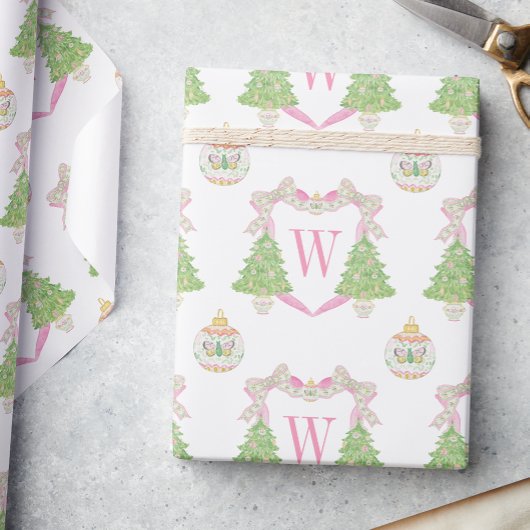 Watercolor Pink Weihnachtsbaum Monogram Wappen Geschenkpapier
