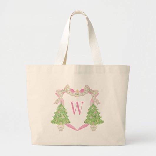 Watercolor Pink Weihnachtsbaum Monogram Wappen Jumbo Stoffbeutel (Vorne)