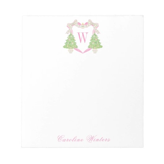Watercolor Pink Weihnachtsbaum Monogram Wappen Notizblock (Vorderseite)
